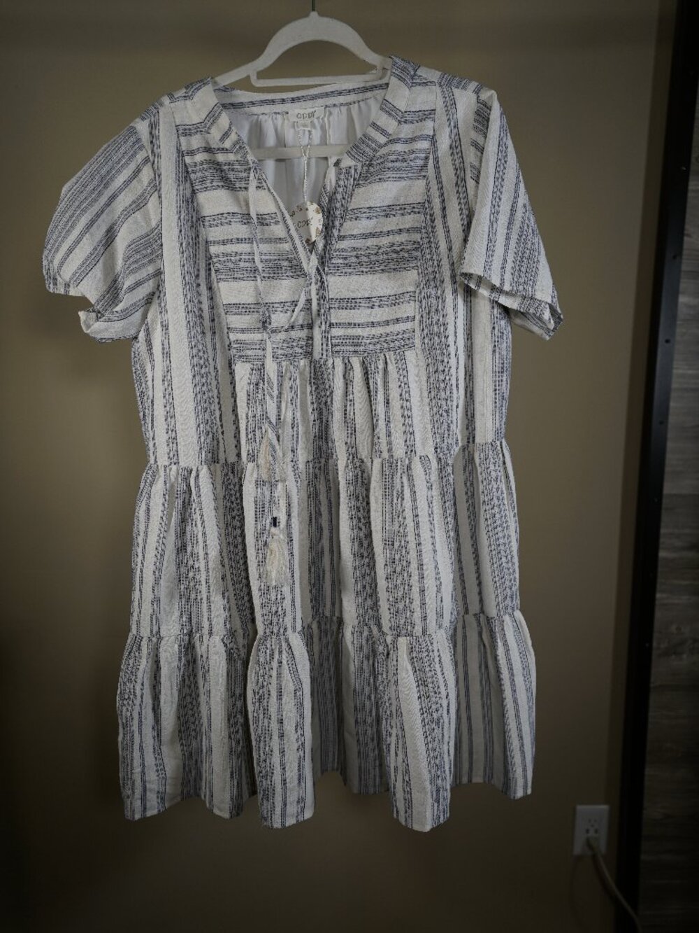 NWT Oddi L Striped Tiered Boho Coastal Mini Dress